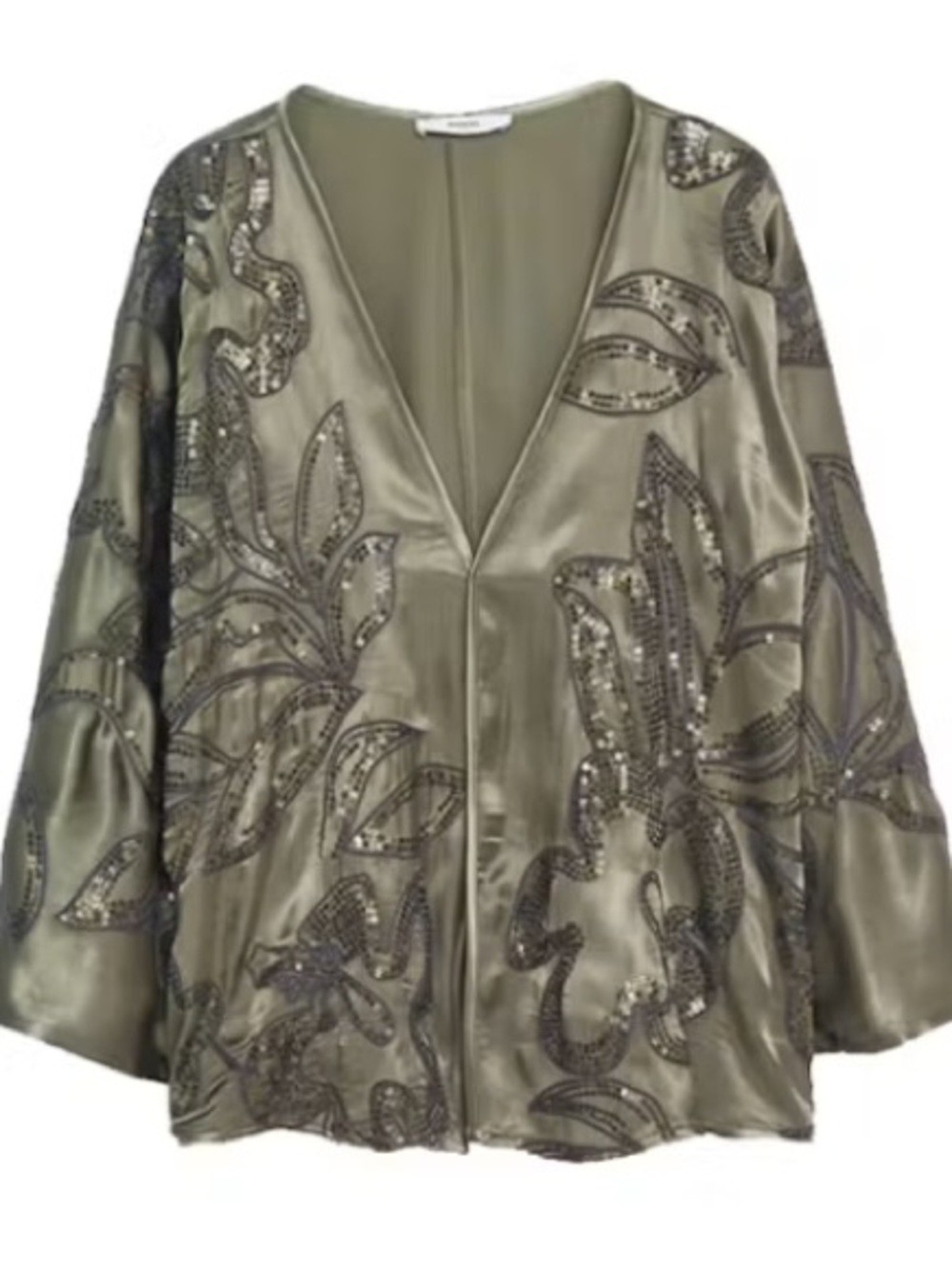 Mango Olive Green Beaded Open-Front Blazer